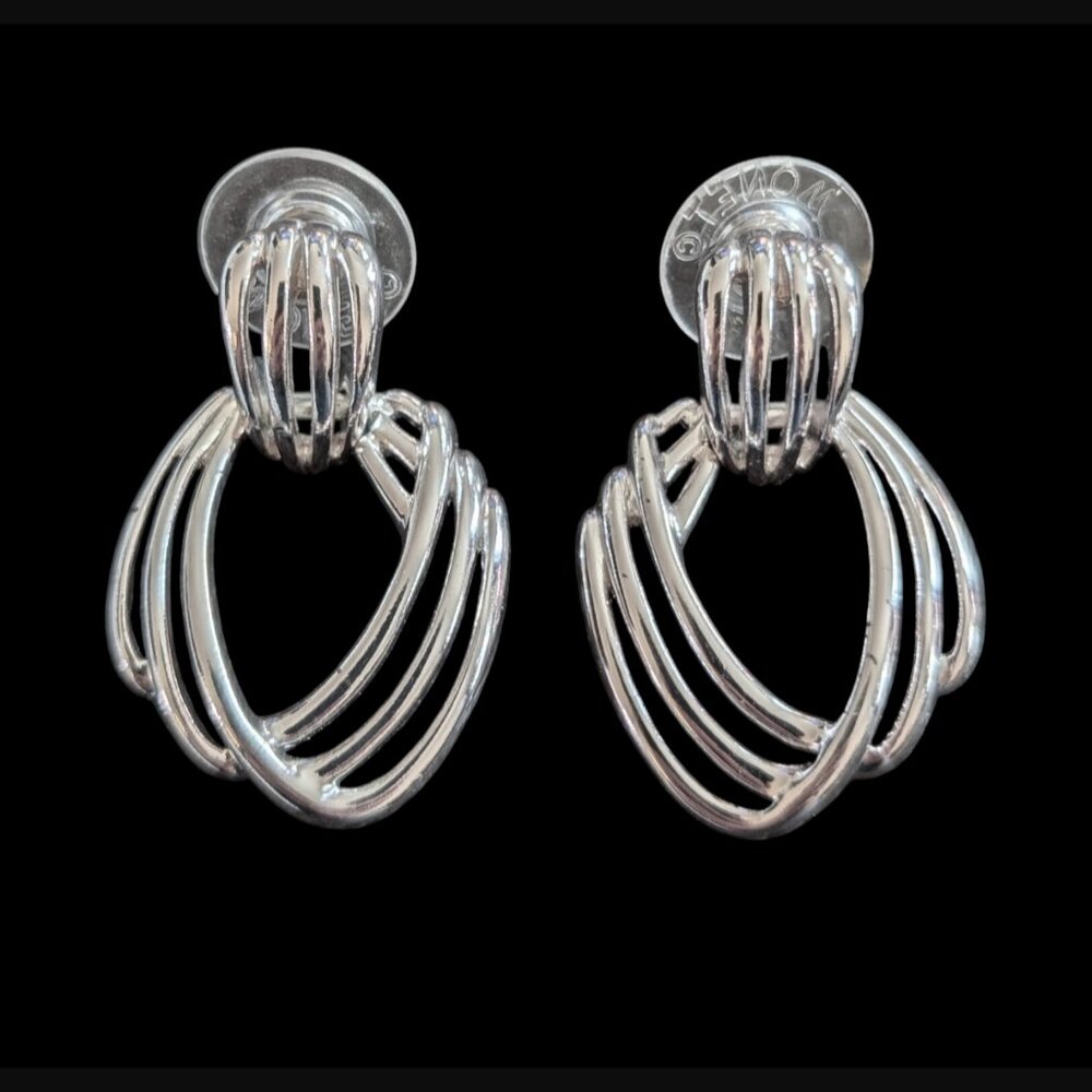 Vintage Monet Silver Tone Open Pattern Stud 1.37" Long Earrings